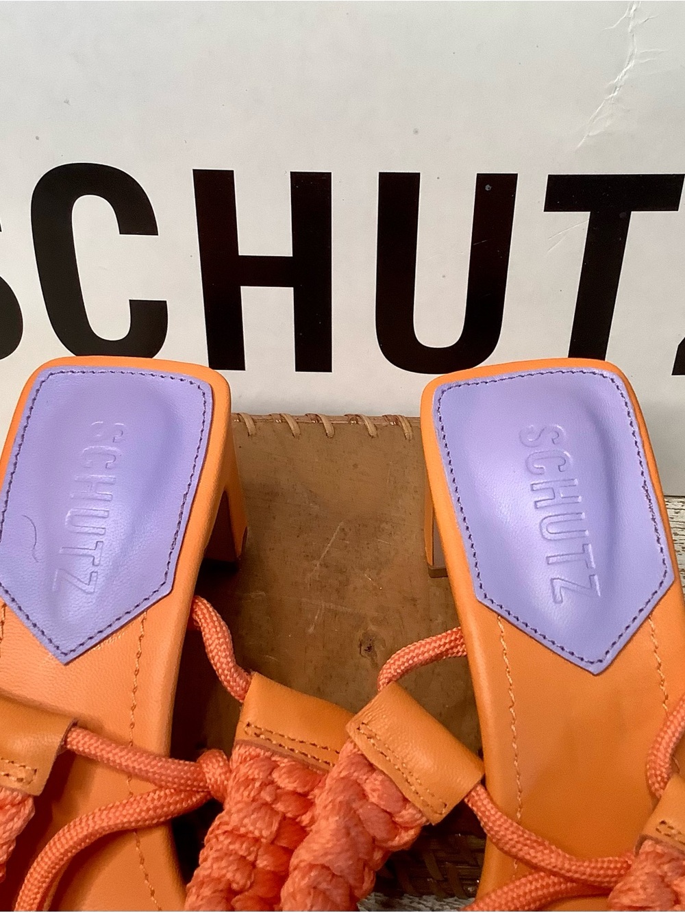 SCHUTZ NIB Blair Orange Leather Braided Strap Ankle Tie 2 1/2” Thin Block Heel - Picture 14 of 15
